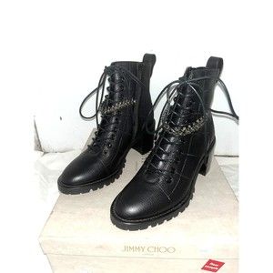 NEW JIMMY CHOO Cruz Grainy Leather Crystal-Strap  Combat Boot, Size 7, $1325